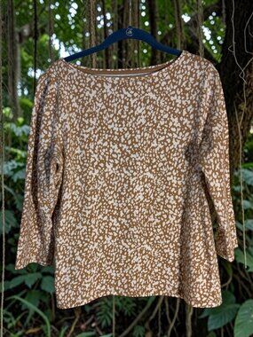 Talbots Cotton Blend Tan and White Leopard Print 3/4 Sleeve Tee Sz L